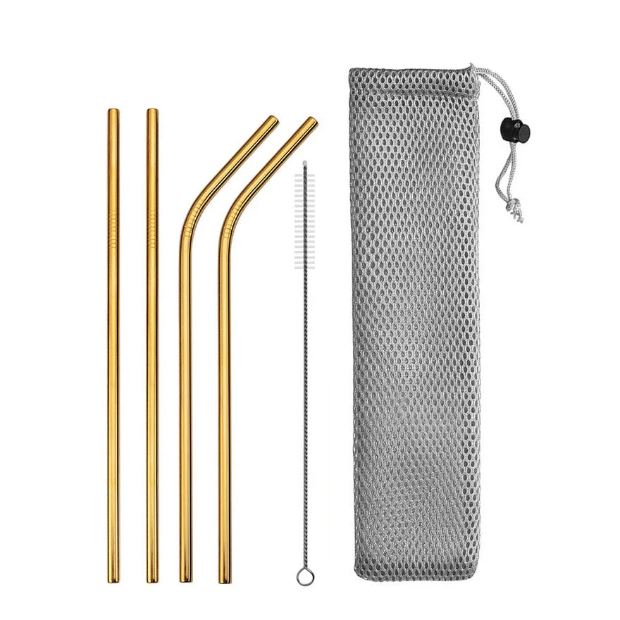 Reusable Drinking Straw 304 Stainless Steel Straws Straight Bent Metal Straw with Cleaner Brush Pouch Wholesale