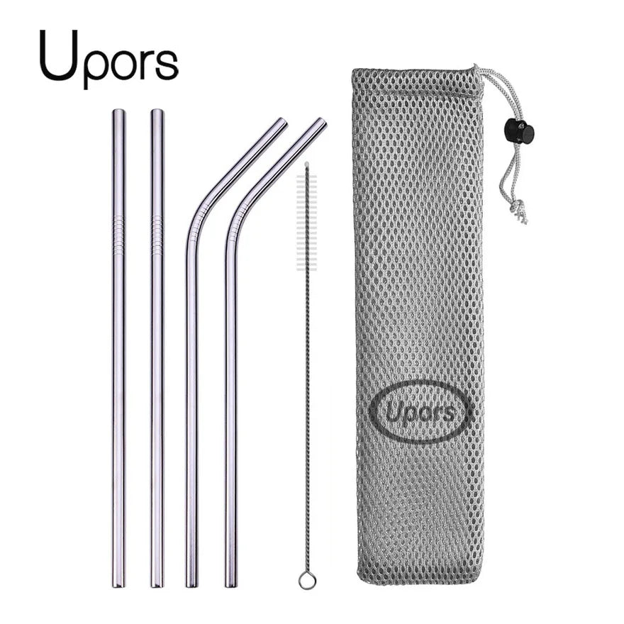 Reusable Drinking Straw 304 Stainless Steel Straws Straight Bent Metal Straw with Cleaner Brush Pouch Wholesale