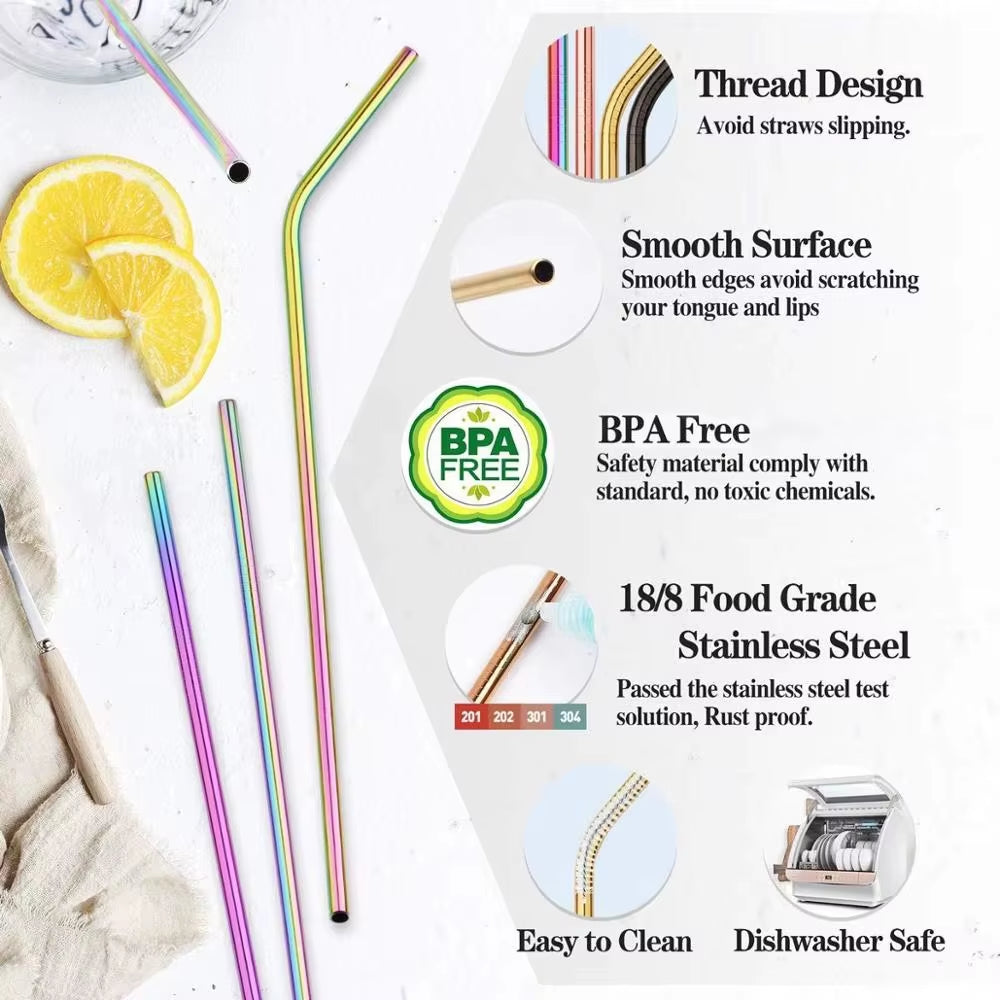 Reusable Drinking Straw 304 Stainless Steel Straws Straight Bent Metal Straw with Cleaner Brush Pouch Wholesale
