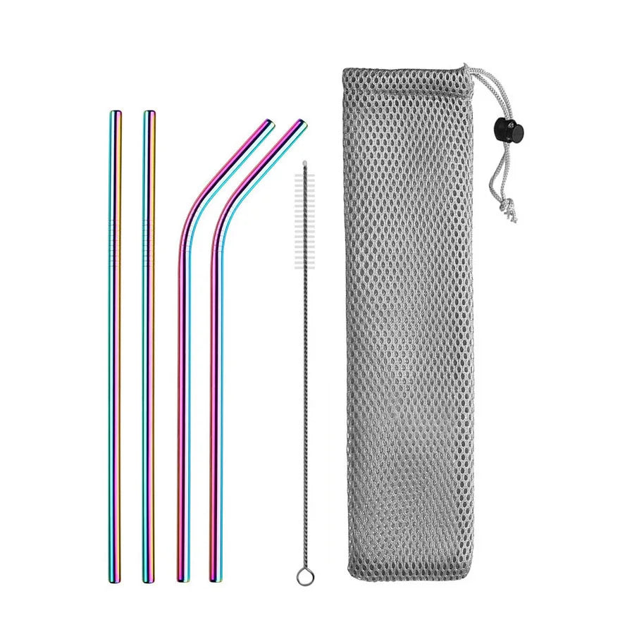 Reusable Drinking Straw 304 Stainless Steel Straws Straight Bent Metal Straw with Cleaner Brush Pouch Wholesale